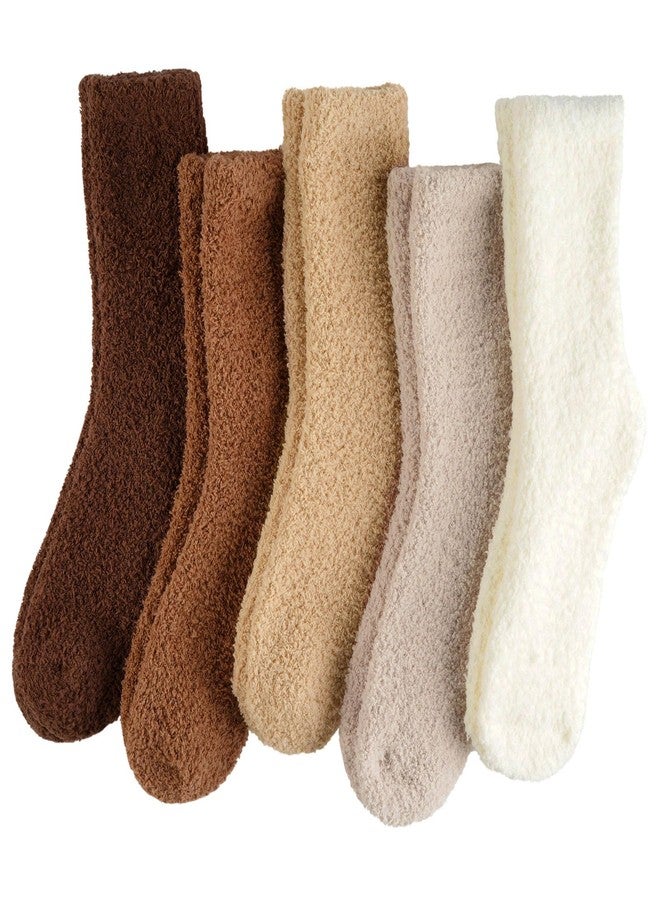 floconssy Fuzzy Socks for Women, Fluffy Cozy Plush Soft Slipper Socks for Fall Winter Warm Sleeping Home 5 Pairs Tan Brown White - Image 1